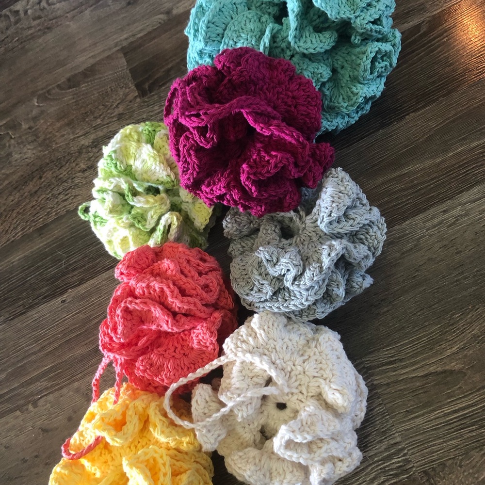 Cotton loufa variety colours peach, mint, soft grey, green blend, yellow, fusia
